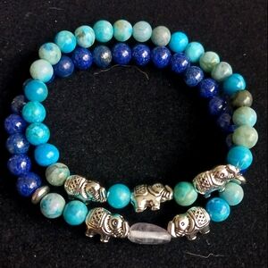 Jasper Lapiz Lazuli elephant gemstone crystal stretch bracelets set